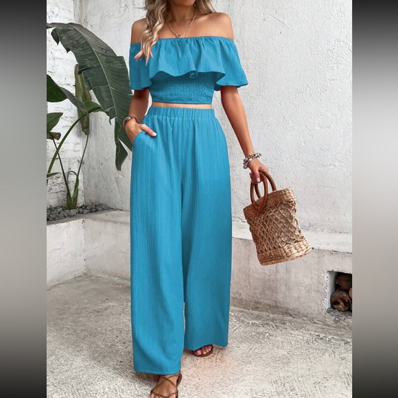 Boho off shoulder crop top and wide leg pants